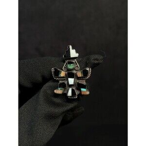 Native American Sterling Silver Inlay Figure Pin REX Signed Southwestern Vintage